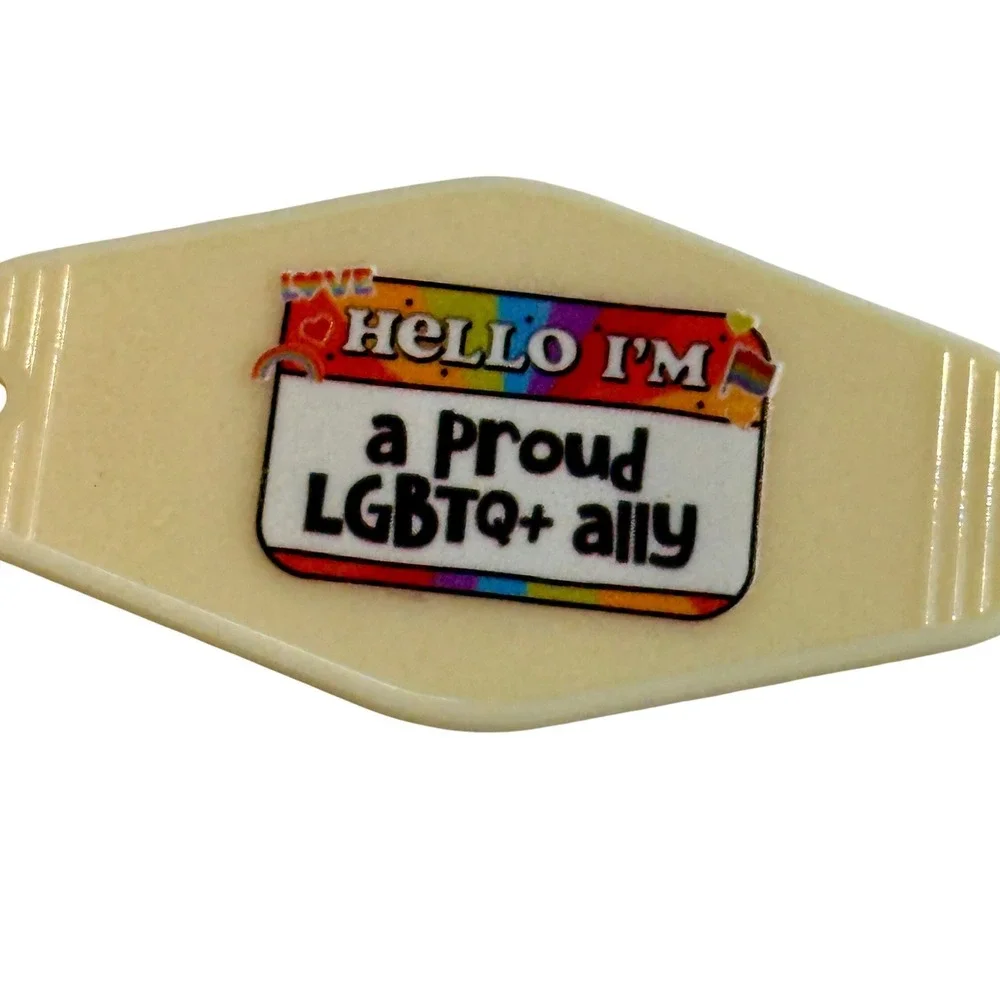 Proud LGBTQ+ Ally Retro Motel Keychain Cream Diamond Heart‎ Ring Handcrafted